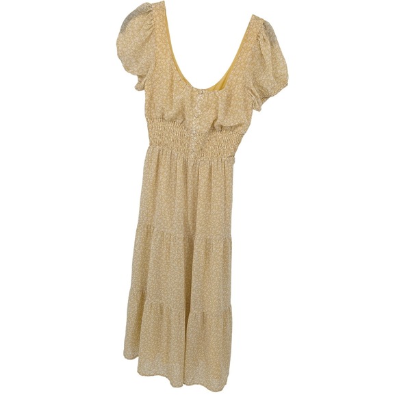 Urban Outfitters Midi Dress Women XS Yellow Floral Smocked Puff Sleeve Milkmaid - Picture 2 of 10